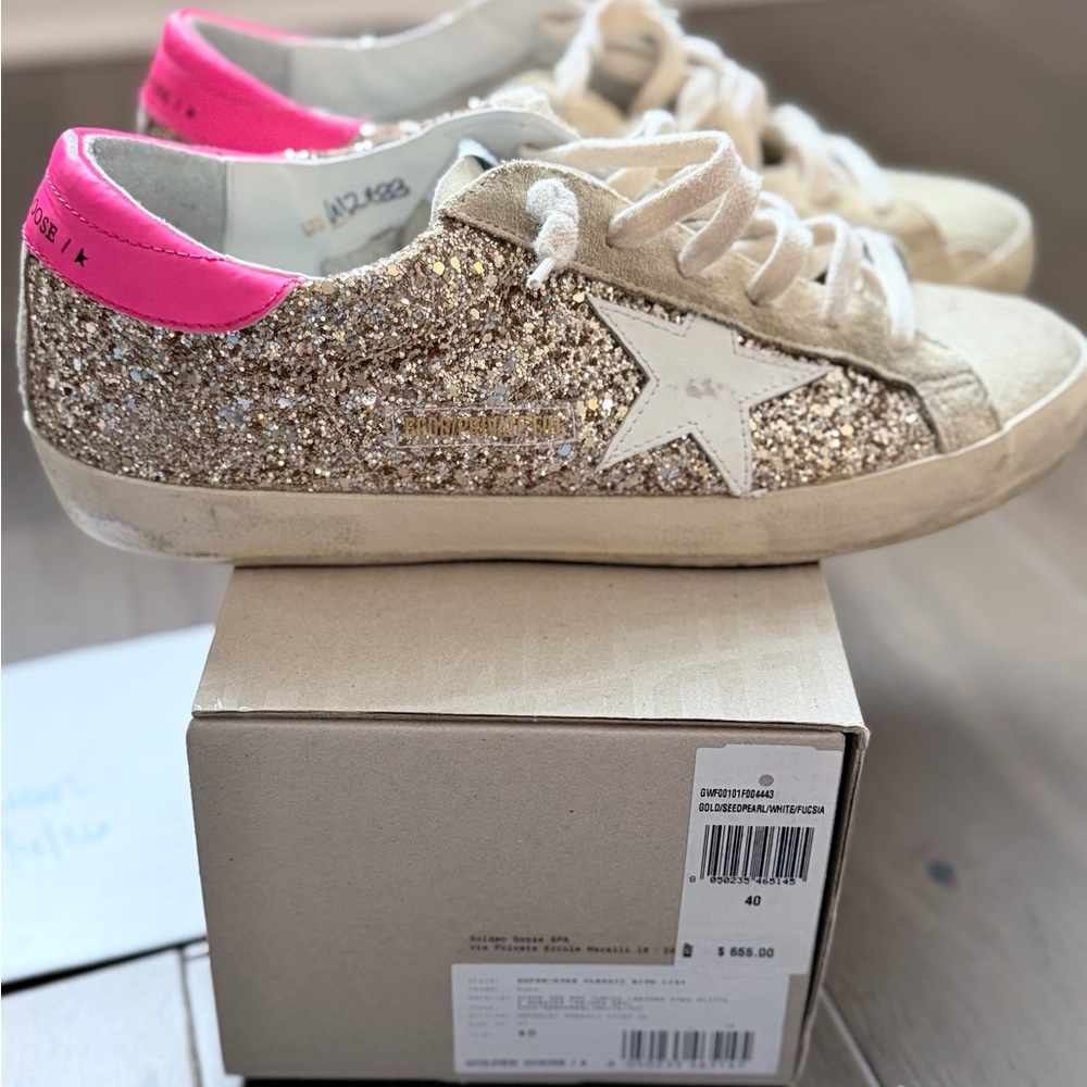 Golden Goose Gold Glitter Super Star Sneakers with Neon Pink - Picture 10 of 11